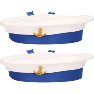 Carnaval verkleed Matroos/Matrozen hoedje - 2x - wit/blauw - voor volwassenen - Maritiem thema