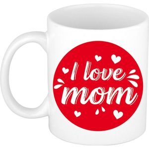 I love mom/ mama cadeau koffiemok / theebeker wit cirkel met hartjes - 300 ml - keramiek - Moederdag / mama cadeau