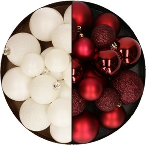 Kerstballen 60x stuks - mix donkerrood/wol wit - 4-5-6 cm - kunststof