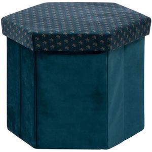 Poef/krukje Jiling zeshoek - Opvouwbaar/opslag box - Saffier blauw - D40 x H38 cm - MDF/polyester