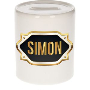 Naam cadeau spaarpot Simon met gouden embleem