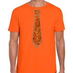 Verkleed t-shirt voor heren - stropdas oranje - pailletten - oranje - carnaval - foute party