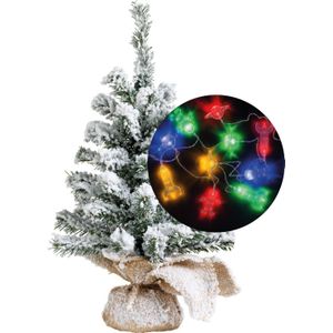 Mini kerstboompje met sneeuw - 45 cm - incl. ruimte/space thema lichtsnoer 165 cm - kunststof