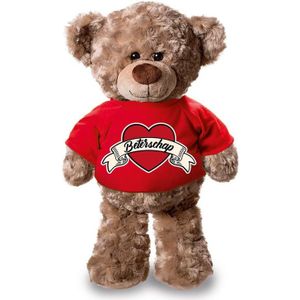 Beterschap Pluche Teddybeer Knuffel 24 cm met Rood T-shirt - Beterschap / Cadeau Knuffelbeer