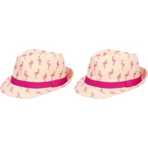 Verkleed hoedje voor Tropical Hawaii party - 2x - Roze flamingo print - volwassenen - Carnaval