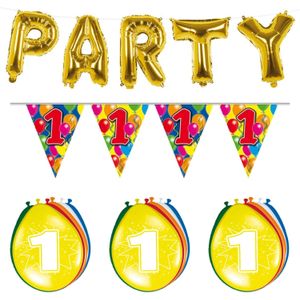 Verjaardag feestversiering 1 jaar PARTY letters en 16x ballonnen met 2x plastic vlaggetjes