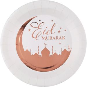Ramadan thema Eid Mubarak suikerfeest bordjes - 10x - karton - 22 cm - wit/rose goud