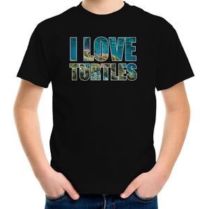 Tekst t-shirt I love turtles met dieren foto van een schildpad zwart voor kinderen
