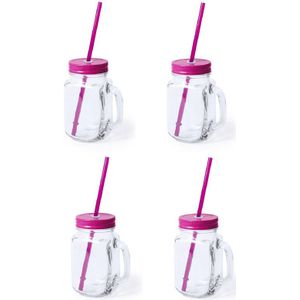 8x stuks glazen Mason Jar drinkbekers roze dop en rietje 500 ml