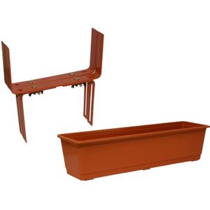 Kunststof plantenbak terracotta rechthoekig 60 cm met 2 verstelbare balkon/muurbeugels