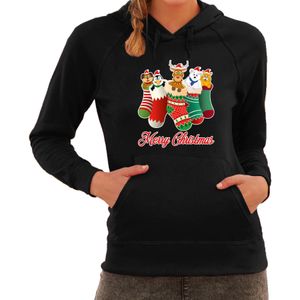 Kerstsokken Merry Christmas foute Kerst hoodie / hooded sweater zwart voor dames