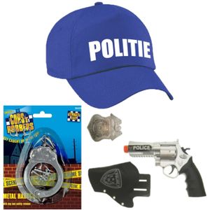 Politie verkleed cap/pet blauw met pistool/holster/badge/handboeien voor kinderen