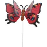 2x stuks Metalen deco vlinders rood en groen van 11 x 70 cm op tuinstekers