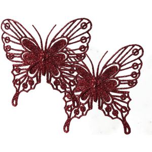Kerstboom decoratie vlinders op clip - 2x - donkerrood - 13 cm - glitter