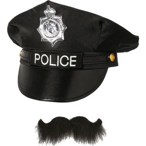 Carnaval verkleed politiepet - met politie thema plaksnor - zwart - heren - verkleedkleding