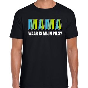 Mama waar is mijn pils t-shirt zwart met blauwe/groene letters voor heren