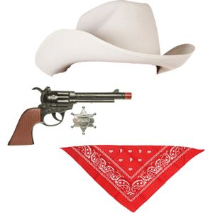 Witte carnaval verkleed cowboyhoed/zakdoek/pistool