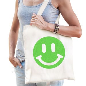 Cadeau tas voor dames - glitter Smile Emoticon - wit - katoen - 42 x 38 cm - Moederdag - verjaardag
