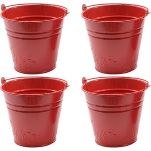 4x bloempotjes/plantenpotjes bloemen relief - zink - D11 x H11 cm - rood