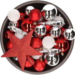 33x stuks kunststof kerstballen met piek 5-6-8 cm rood/wit/zilver incl. haakjes