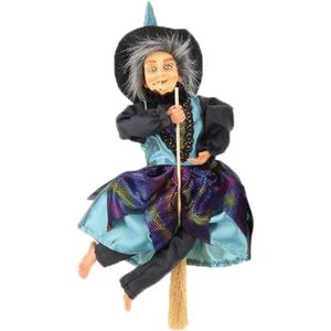 Halloween decoratie heksen pop - vliegend op bezem - 30 cm - zwart/blauw