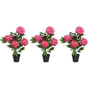 3x Roze Paeonia/Pioenroos Rozenstruik Kunstplanten 57 cm In Zwarte Plastic Pot