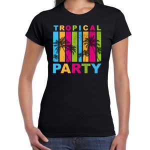 Tropical party T-shirt voor dames - palmbomen - zwart - carnaval/themafeest