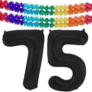 Grote folie ballonnen cijfer 75 in het zwart 86 cm en 2x feestslingers