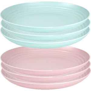 Setje van 6x stuks ronde kunststof diner/ontbijt borden in het groen en roze 25 cm