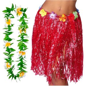 Hawaii verkleed hoela rokje en bloemenkrans - volwassenen - rood - tropisch themafeest - hoela