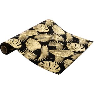 Kerst decoratie stof/tafelloper - zwart/goud - bladeren -500 x 28 cm - polyester