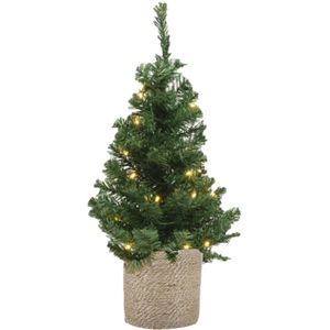 Kunstboom/kunst kerstboom groen 60 cm met verlichting en naturel jute pot