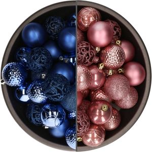 74x stuks kunststof kerstballen mix van velvet roze en kobalt blauw 6 cm