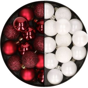 28x stuks kleine kunststof kerstballen wit en bordeaux rood 3 cm