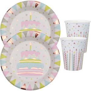 Feest wegwerp servies set - verjaardagstaart - 10x bordjes / 10x bekers - wit/rose goud