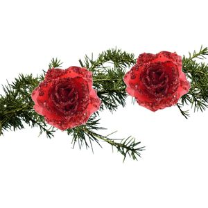 2x stuks kerstversiering glitter bloemen/rozen met clip rood 14 cm