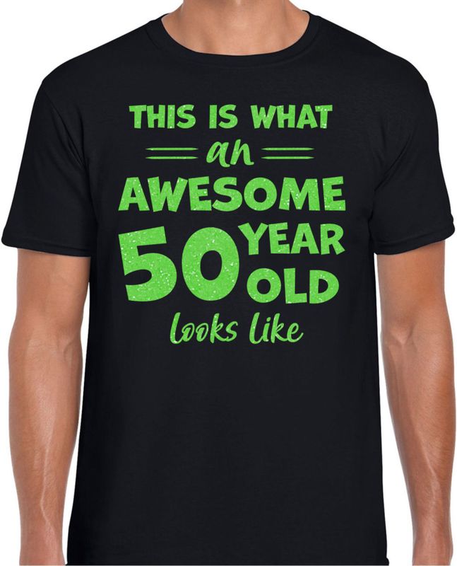 Cadeau T-shirt voor heren - leeftijd 50 jaar - awesome - zwart - glitter groen - Abraham