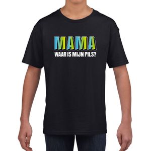 Mama waar is mijn pils tekst zwart t-shirt blauwe/groene letters voor kinderen