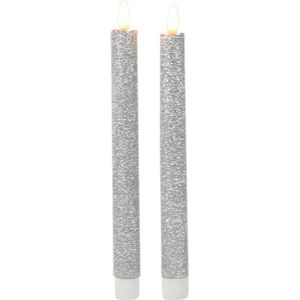 Kaarsen set van 2x stuks Led dinerkaarsen glitter zilver 25,5 cm - Woondecoratie - Elektrische kaarsen