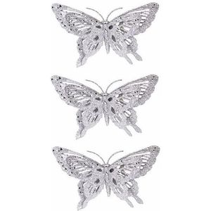 4x stuks kerst decoratie vlinder zilver 15 x 11 cm