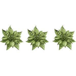 10x stuks decoratie bloemen kerstster groen glitter op clip 18 cm