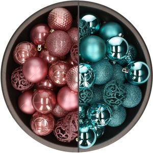 74x stuks kunststof kerstballen mix van velvet roze en turquoise blauw 6 cm