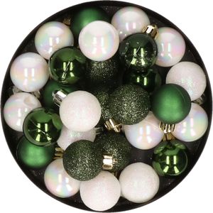 28x stuks kunststof kerstballen parelmoer wit en donkergroen mix 3 cm