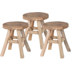 Zit krukje/bijzet stoel - 3x - teak hout - lichtbruin - D20 x H25 cm - Voor kinderen