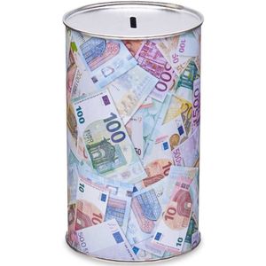 Spaarpot blik met heel veel euro biljetten - gekleurd - 10 x 17 cm