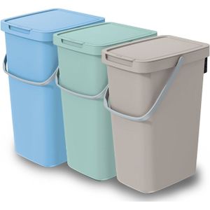GFT/rest afvalbakken set - 3x - 25L - beige/blauw/groen - 26 x 29 x 48 cm - afval scheiden