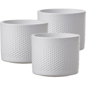 Set van 3x stuks bloempot in het relief wit keramiek voor kamerplant H10 x D12 cm