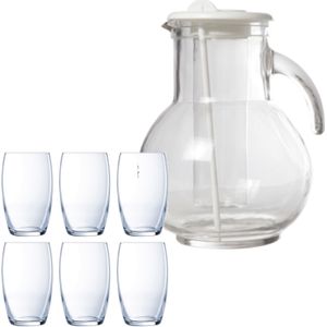Cosy & Trendy schenkkan/waterkan/sapkan van glas 2.0 liter met 6x stuks Versailles waterglazen/drinkglazen van 375 ml