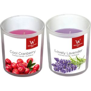 Geurkaarsen set van 4x stuks in houder cranberry en lavendel 25 branduren