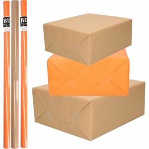 8x Rollen kraft inpakpapier/kaftpapier pakket bruin/oranje 200 x 70 cm